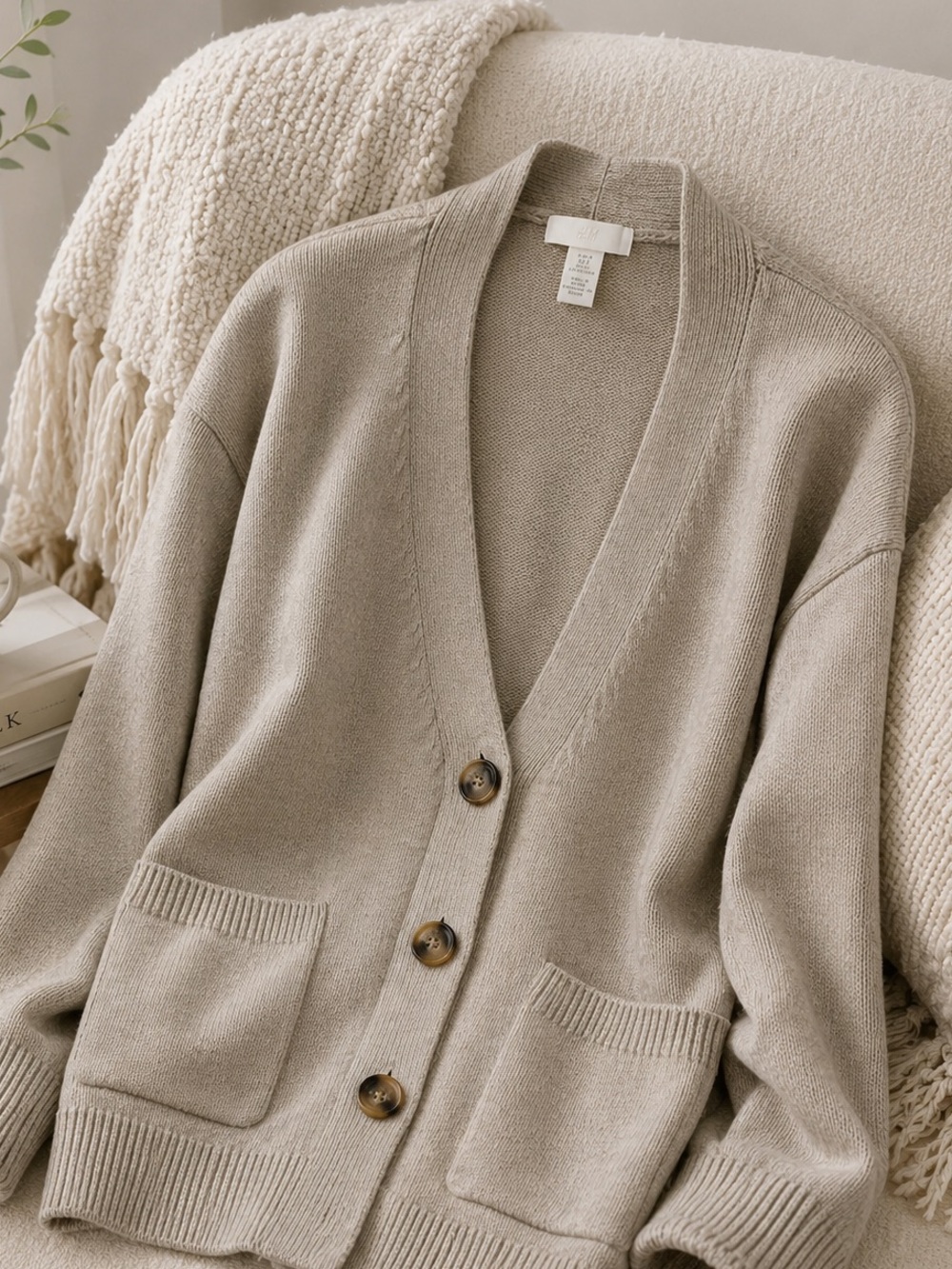 H&M Taupe Oatmeal Oversized V-Neck Knit Cardigan Pockets